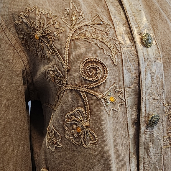 JACKET FLASHBACK Brown/Gold Embroidery Rhinestones Buttons Pockets Sz Lg - Picture 8 of 16